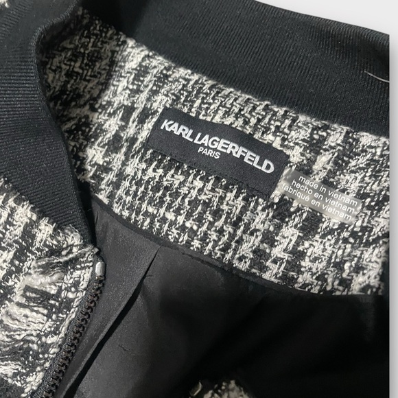 Karl Lagerfeld Paris Tweed Bomber Jacket Wool Blend Black White Size L - Picture 6 of 7